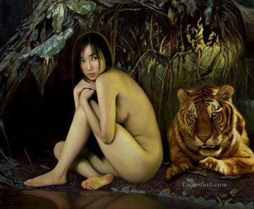 ヌード Painting - 雨上がりの虎 中国少女のヌード